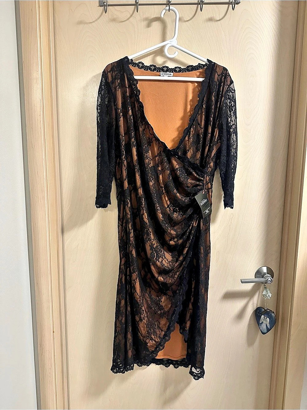 Kiyonna Whimical Wrap Dress Black Lace Tan Midi Dress Size 2XL NWT